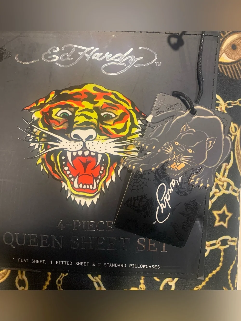Ed Hardy Black Queen Sheet Set Gold Charm Chains Evil Eye Celestial Lion Moon